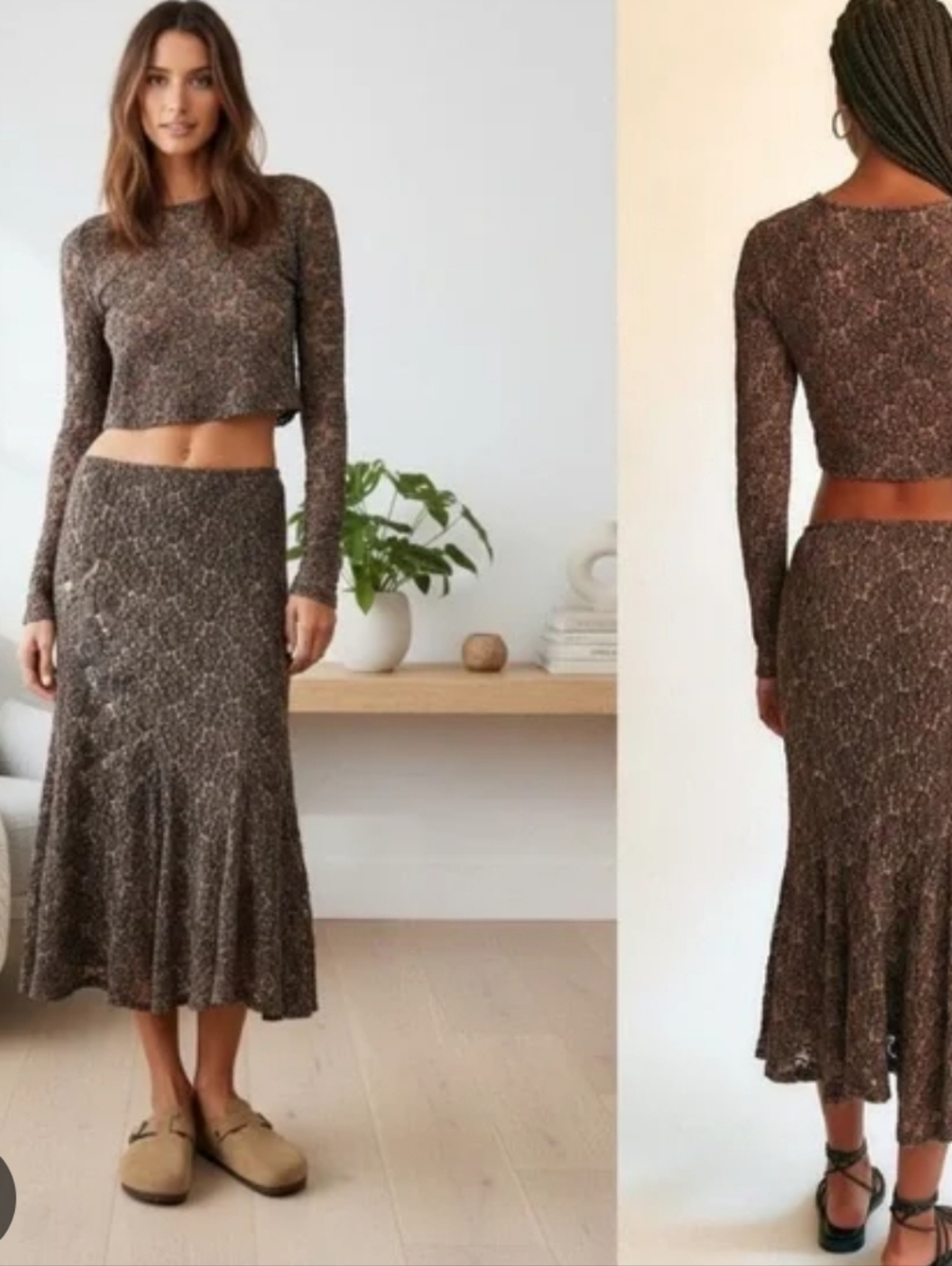 NEW Free People Laney Crop Long Sleeve Brown Black Lace Top M